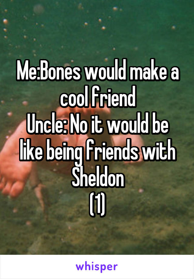 Me:Bones would make a cool friend
Uncle: No it would be like being friends with Sheldon
(1)