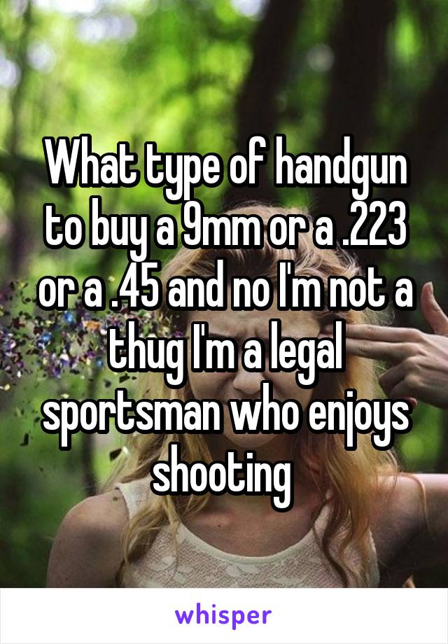 What type of handgun to buy a 9mm or a .223 or a .45 and no I'm not a thug I'm a legal sportsman who enjoys shooting 