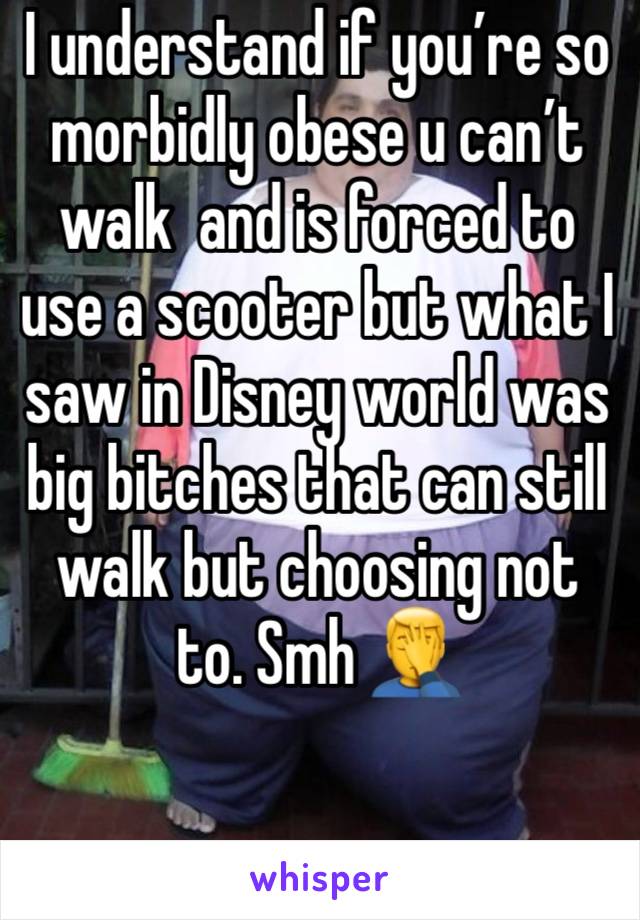 I understand if you’re so morbidly obese u can’t walk  and is forced to use a scooter but what I saw in Disney world was big bitches that can still walk but choosing not to. Smh 🤦‍♂️ 