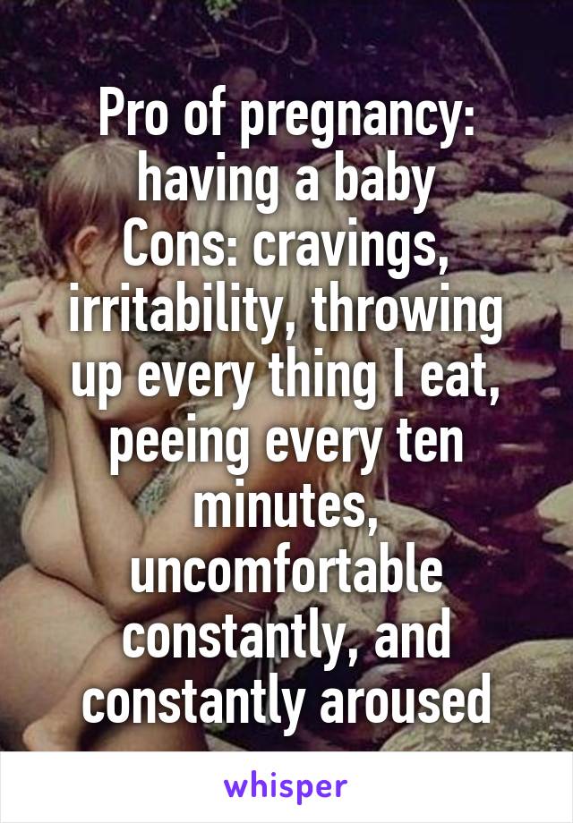 Pro of pregnancy: having a baby
Cons: cravings, irritability, throwing up every thing I eat, peeing every ten minutes, uncomfortable constantly, and constantly aroused