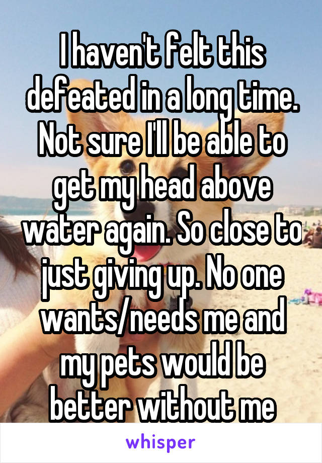 I haven't felt this defeated in a long time. Not sure I'll be able to get my head above water again. So close to just giving up. No one wants/needs me and my pets would be better without me