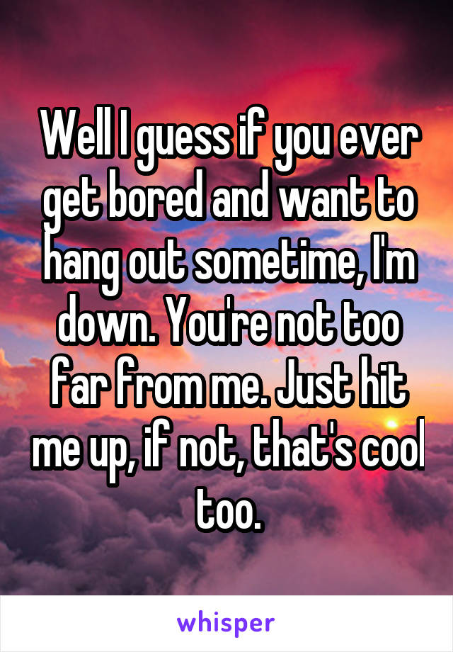 Well I guess if you ever get bored and want to hang out sometime, I'm down. You're not too far from me. Just hit me up, if not, that's cool too.