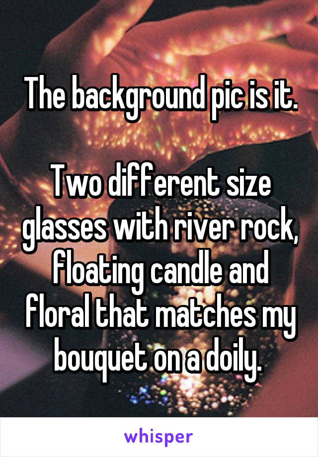 The background pic is it. 
Two different size glasses with river rock, floating candle and floral that matches my bouquet on a doily. 