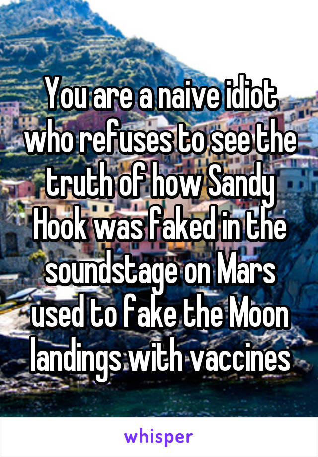 You are a naive idiot who refuses to see the truth of how Sandy Hook was faked in the soundstage on Mars used to fake the Moon landings with vaccines