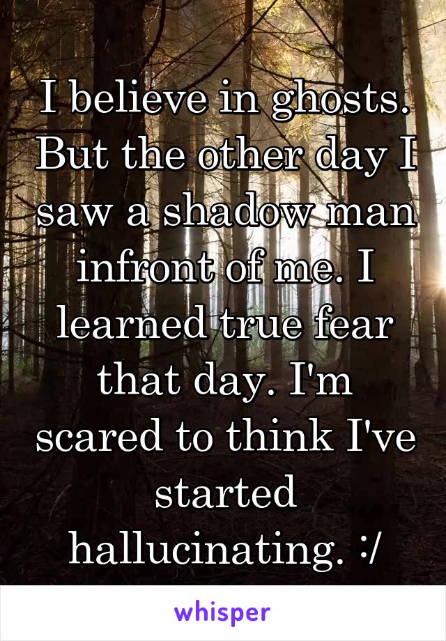 I believe in ghosts. But the other day I saw a shadow man infront of me. I learned true fear that day. I'm scared to think I've started hallucinating. :/