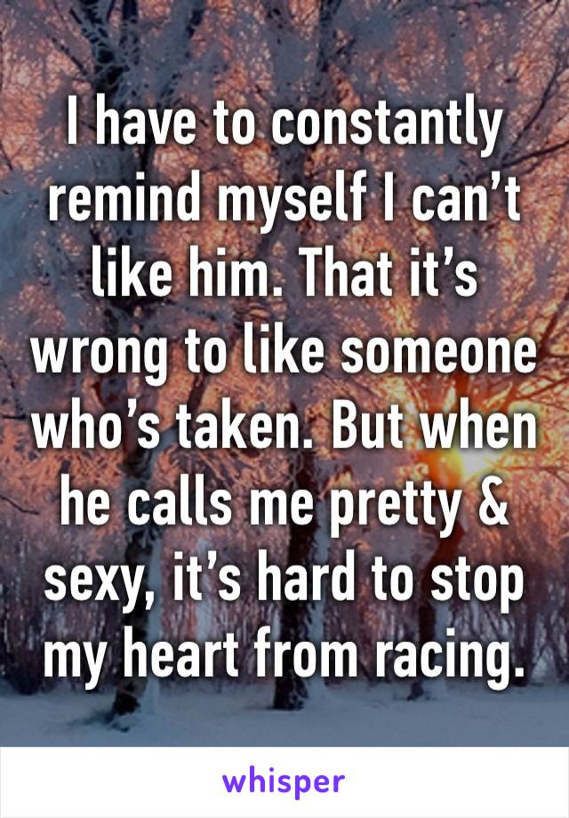 I have to constantly remind myself I can’t like him. That it’s wrong to like someone who’s taken. But when he calls me pretty & sexy, it’s hard to stop my heart from racing. 