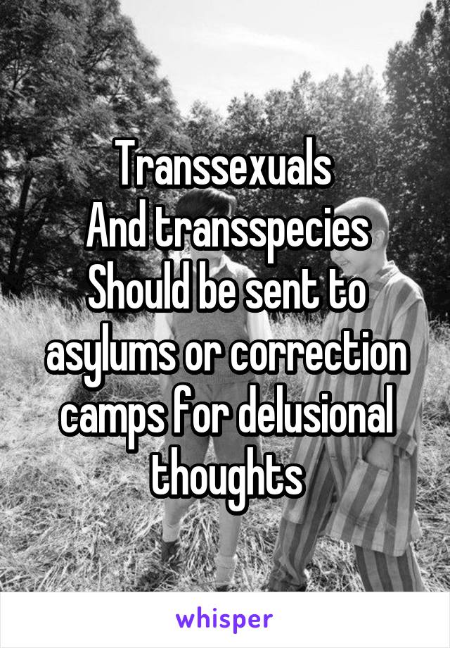Transsexuals 
And transspecies
Should be sent to asylums or correction camps for delusional thoughts
