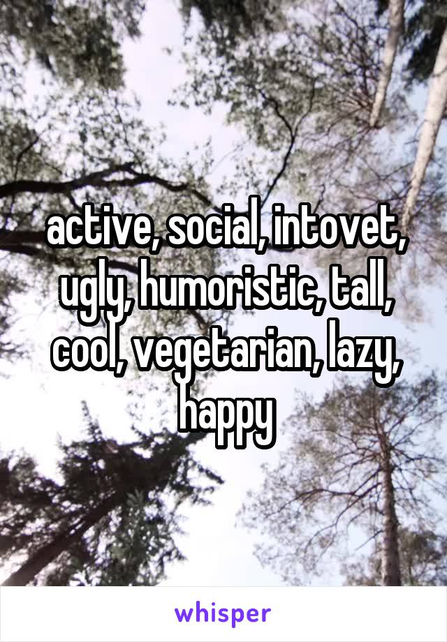 active, social, intovet, ugly, humoristic, tall, cool, vegetarian, lazy, happy