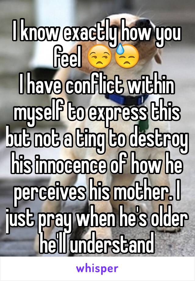 I know exactly how you feel 😒😓
I have conflict within myself to express this but not a ting to destroy his innocence of how he perceives his mother. I just pray when he's older he'll understand 