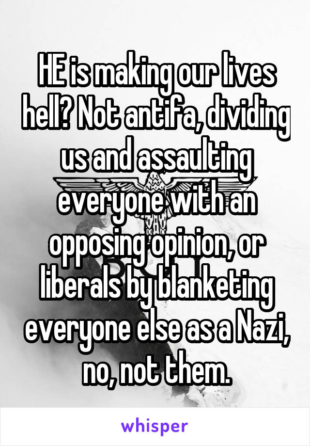 HE is making our lives hell? Not antifa, dividing us and assaulting everyone with an opposing opinion, or liberals by blanketing everyone else as a Nazi, no, not them.