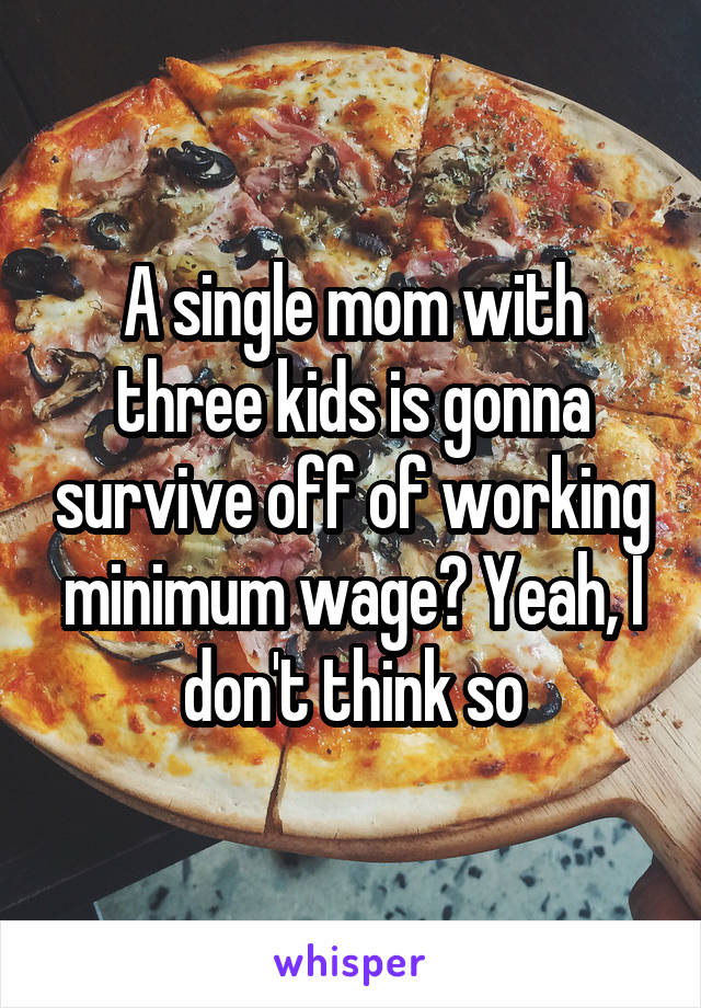 A single mom with three kids is gonna survive off of working minimum wage? Yeah, I don't think so