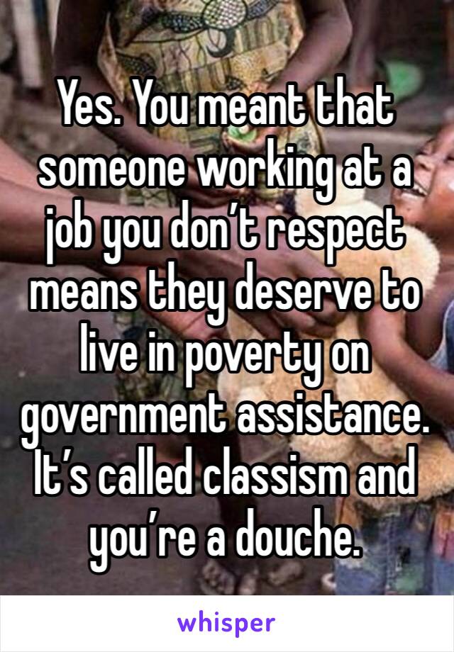 Yes. You meant that someone working at a job you don’t respect means they deserve to live in poverty on government assistance. It’s called classism and you’re a douche.