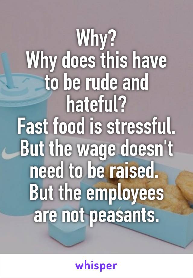 Why?
Why does this have to be rude and hateful?
Fast food is stressful.
But the wage doesn't need to be raised. 
But the employees are not peasants.
