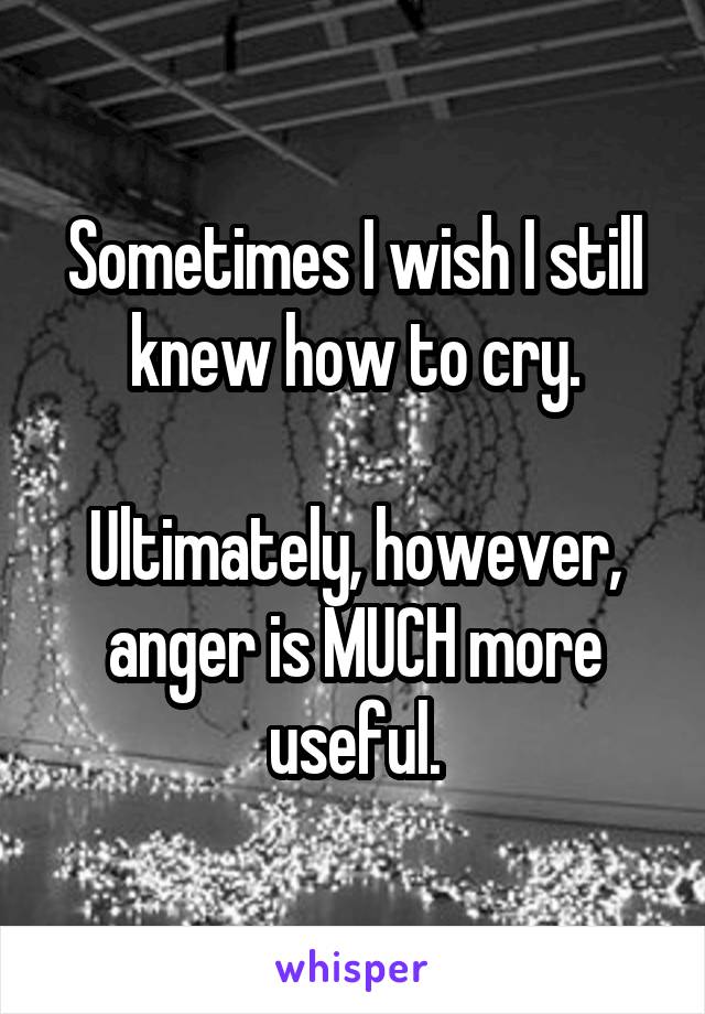 Sometimes I wish I still knew how to cry.

Ultimately, however, anger is MUCH more useful.