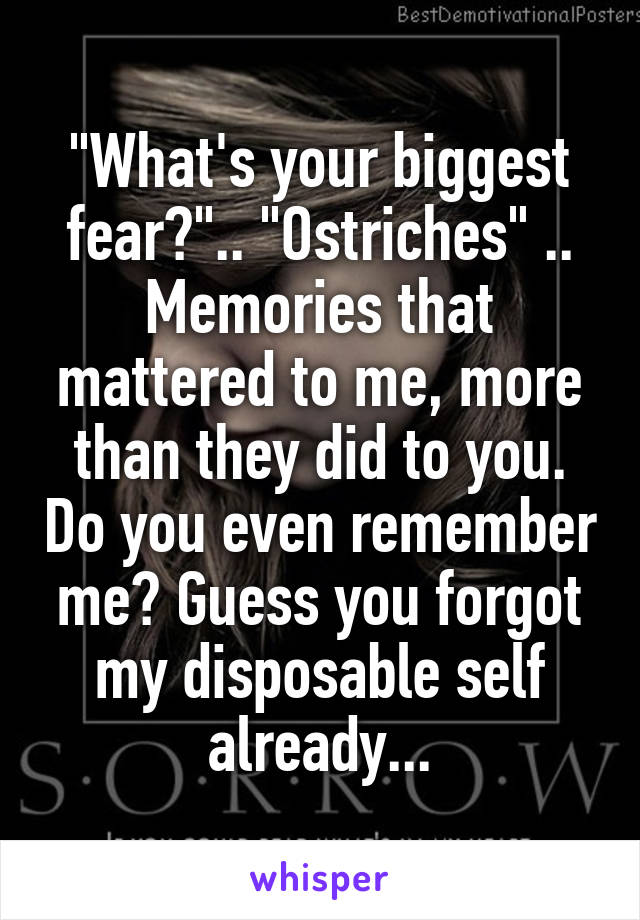 "What's your biggest fear?".. "Ostriches" .. Memories that mattered to me, more than they did to you. Do you even remember me? Guess you forgot my disposable self already...