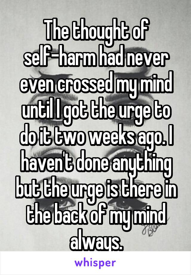 The thought of self-harm had never even crossed my mind until I got the urge to do it two weeks ago. I haven't done anything but the urge is there in the back of my mind always.
