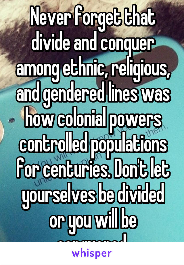 Never forget that divide and conquer among ethnic, religious, and gendered lines was how colonial powers controlled populations for centuries. Don't let yourselves be divided or you will be conquered.