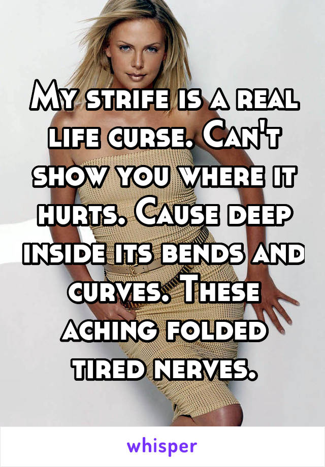 My strife is a real life curse. Can't show you where it hurts. Cause deep inside its bends and curves. These aching folded tired nerves.