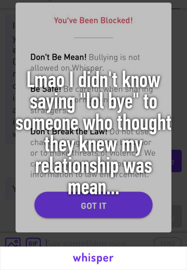 Lmao I didn't know saying "lol bye" to someone who thought they knew my relationship was mean...