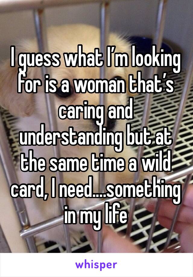 I guess what I’m looking for is a woman that’s caring and understanding but at the same time a wild card, I need....something in my life 