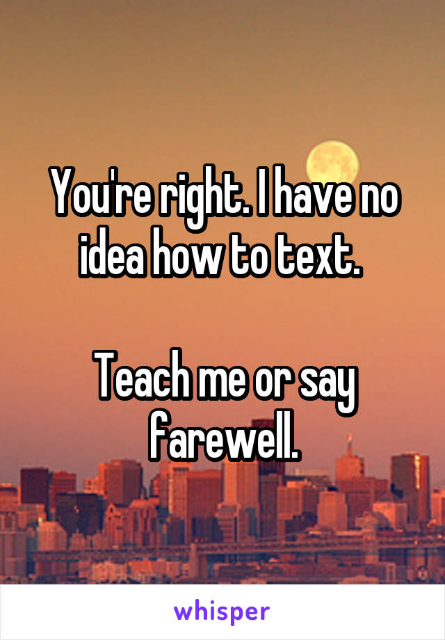 You're right. I have no idea how to text. 

Teach me or say farewell.