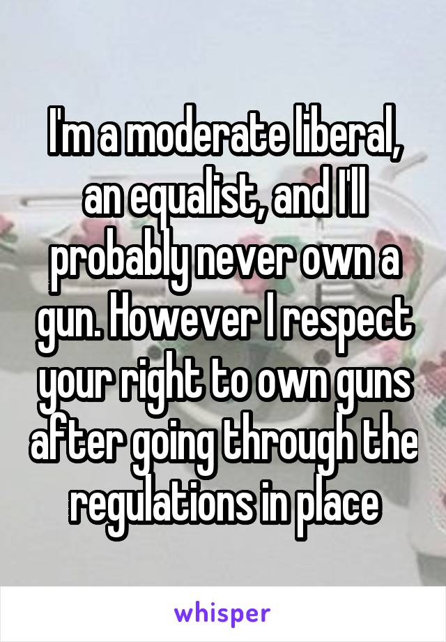 I'm a moderate liberal, an equalist, and I'll probably never own a gun. However I respect your right to own guns after going through the regulations in place