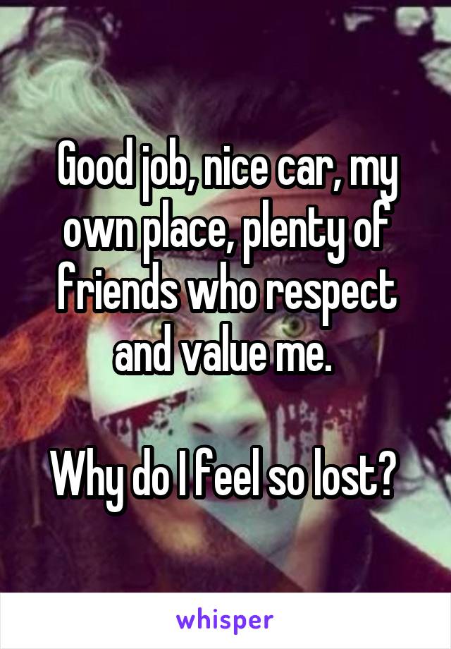 Good job, nice car, my own place, plenty of friends who respect and value me. 

Why do I feel so lost? 