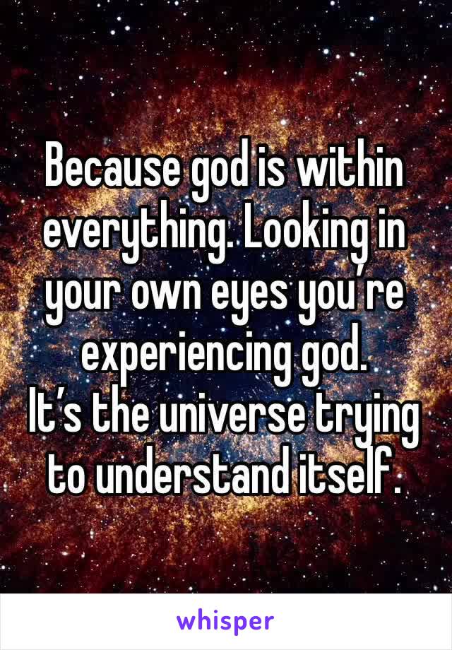 Because god is within everything. Looking in your own eyes you’re experiencing god. 
It’s the universe trying to understand itself. 