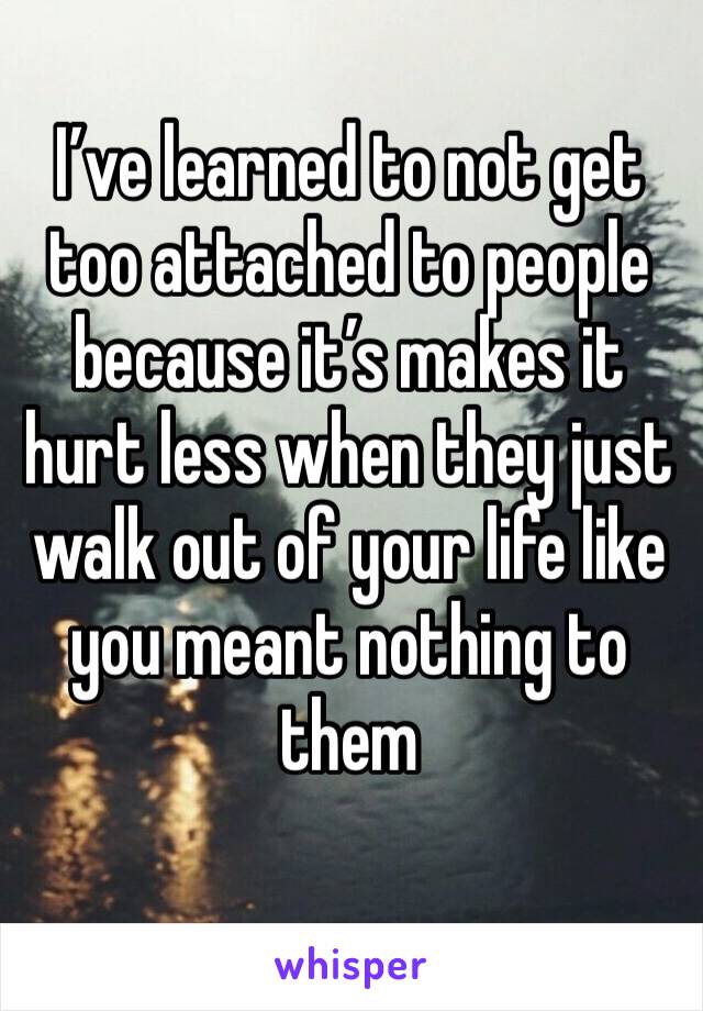 I’ve learned to not get too attached to people because it’s makes it hurt less when they just walk out of your life like you meant nothing to them