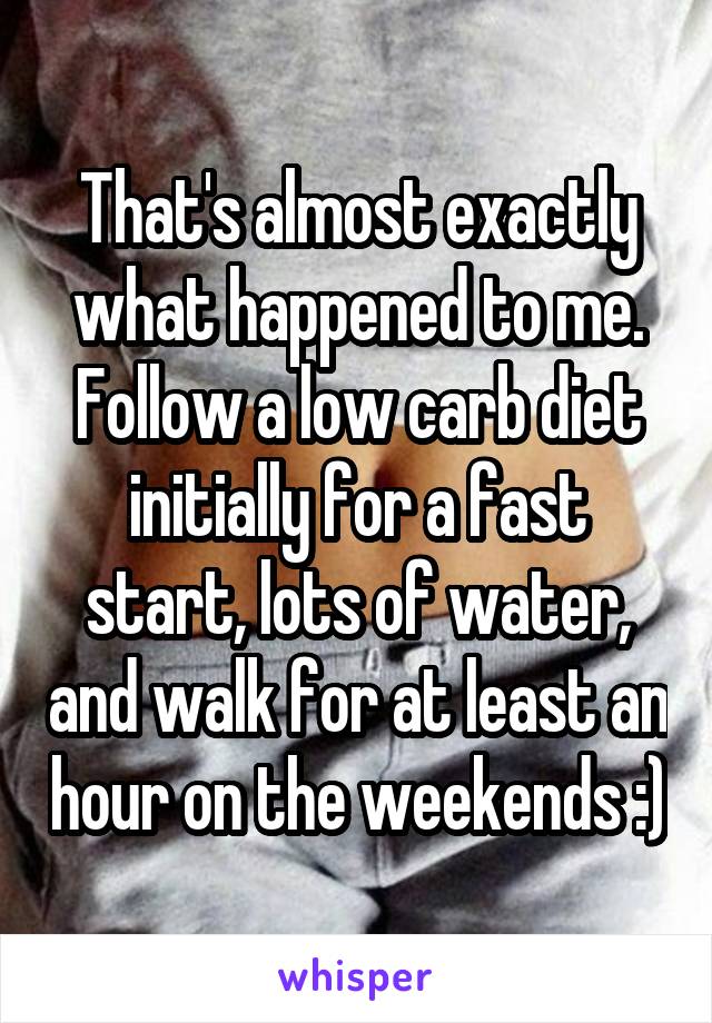 That's almost exactly what happened to me. Follow a low carb diet initially for a fast start, lots of water, and walk for at least an hour on the weekends :)