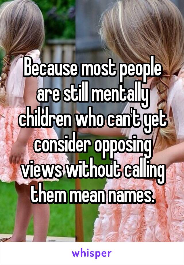 Because most people are still mentally children who can't yet consider opposing views without calling them mean names.