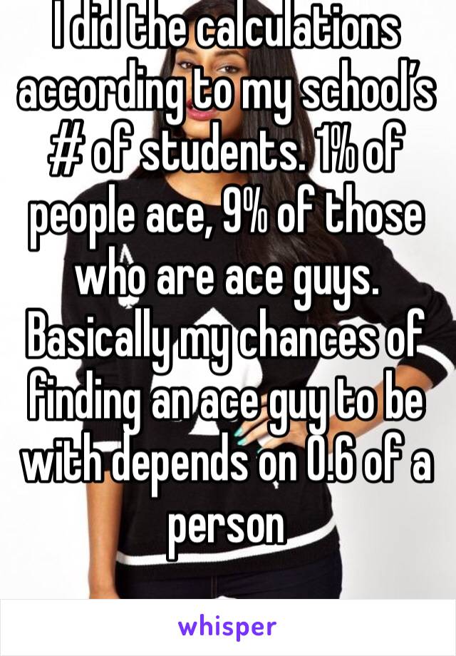 I did the calculations according to my school’s # of students. 1% of people ace, 9% of those who are ace guys. Basically my chances of finding an ace guy to be with depends on 0.6 of a person
