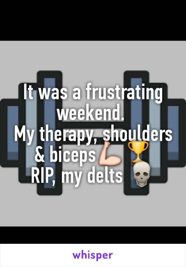 It was a frustrating weekend. 
My therapy, shoulders & biceps💪🏆
RIP, my delts 💀