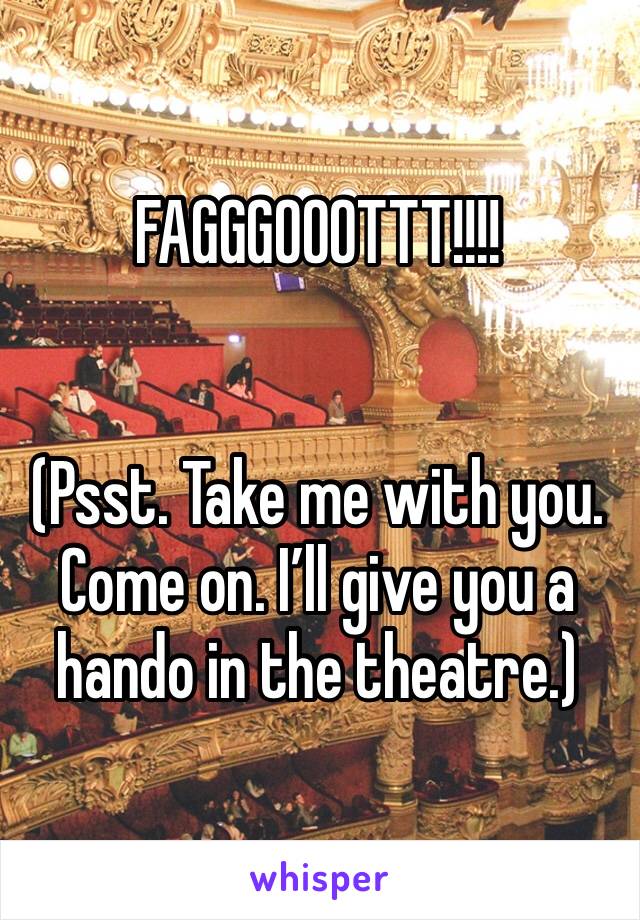 FAGGGOOOTTT!!!!


(Psst. Take me with you. Come on. I’ll give you a hando in the theatre.)