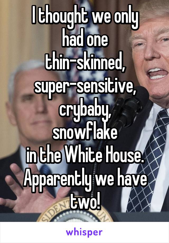 I thought we only
had one
thin-skinned,
super-sensitive, crybaby,
snowflake
in the White House. Apparently we have two!
