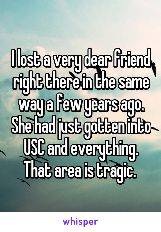 I lost a very dear friend right there in the same way a few years ago. She had just gotten into USC and everything. That area is tragic. 