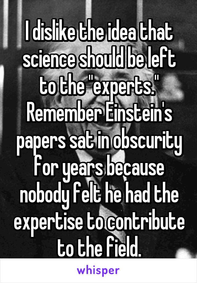 I dislike the idea that science should be left to the "experts." Remember Einstein's papers sat in obscurity for years because nobody felt he had the expertise to contribute to the field.