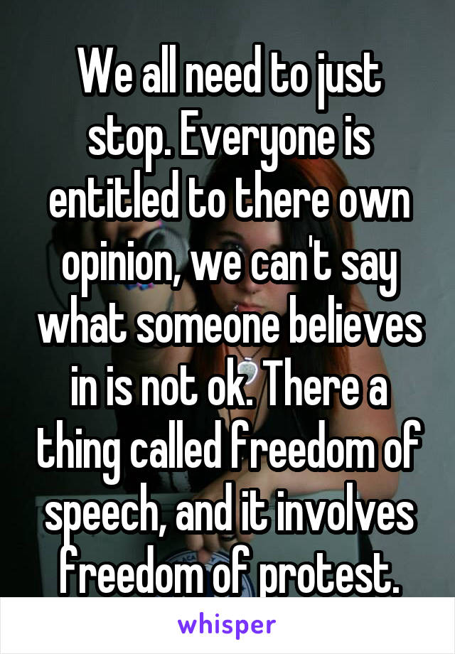 We all need to just stop. Everyone is entitled to there own opinion, we can't say what someone believes in is not ok. There a thing called freedom of speech, and it involves freedom of protest.