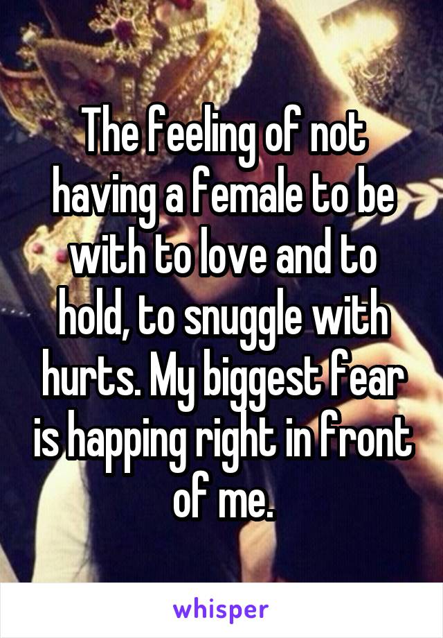 The feeling of not having a female to be with to love and to hold, to snuggle with hurts. My biggest fear is happing right in front of me.