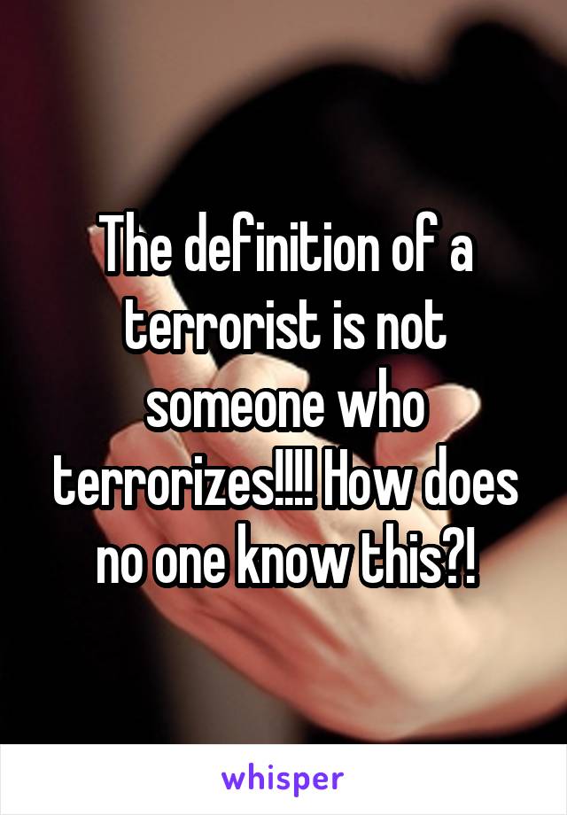 The definition of a terrorist is not someone who terrorizes!!!! How does no one know this?!