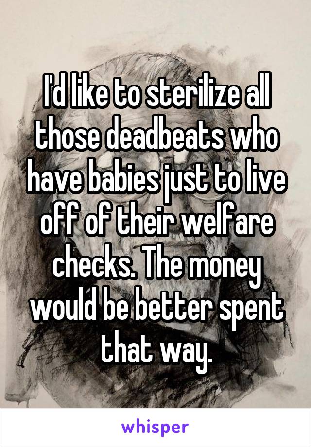 I'd like to sterilize all those deadbeats who have babies just to live off of their welfare checks. The money would be better spent that way.