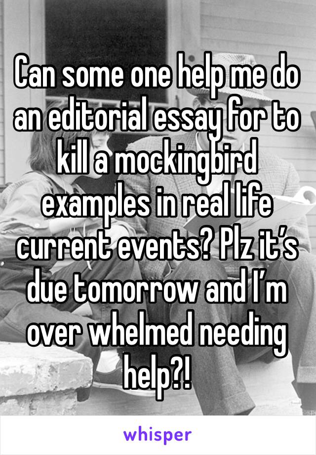 Can some one help me do an editorial essay for to kill a mockingbird examples in real life current events? Plz it’s due tomorrow and I’m over whelmed needing help?!