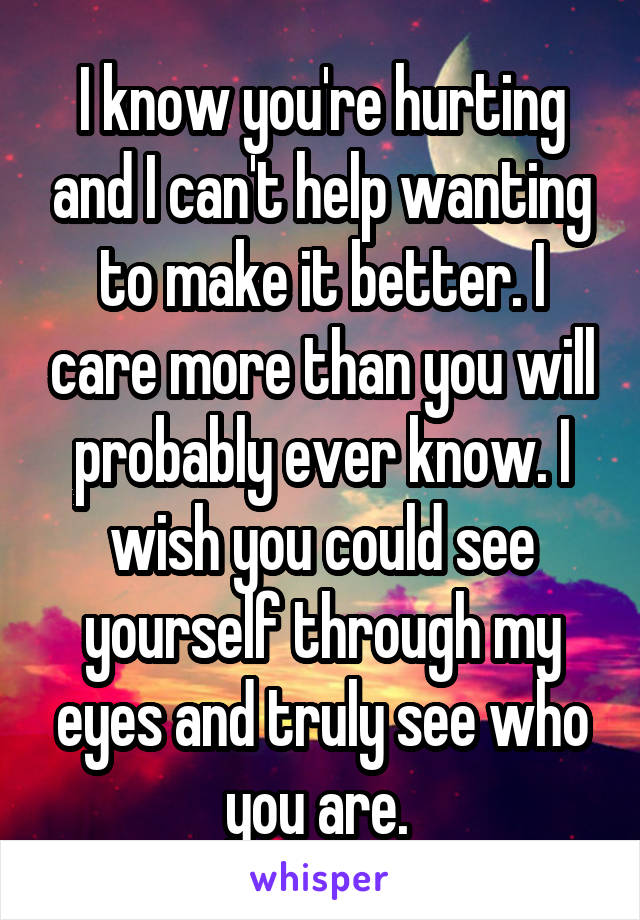 I know you're hurting and I can't help wanting to make it better. I care more than you will probably ever know. I wish you could see yourself through my eyes and truly see who you are. 