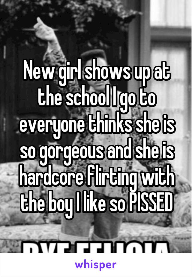 New girl shows up at the school I go to everyone thinks she is so gorgeous and she is hardcore flirting with the boy I like so PISSED