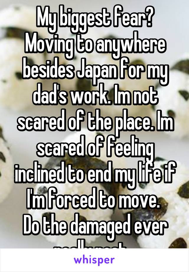 My biggest fear? Moving to anywhere besides Japan for my dad's work. Im not scared of the place. Im scared of feeling inclined to end my life if I'm forced to move. 
Do the damaged ever really rest.. 