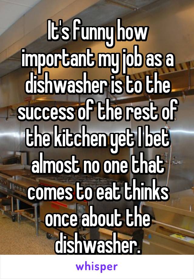 It's funny how important my job as a dishwasher is to the success of the rest of the kitchen yet I bet almost no one that comes to eat thinks once about the dishwasher.