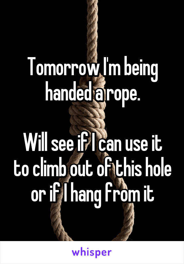 Tomorrow I'm being handed a rope.

Will see if I can use it to climb out of this hole or if I hang from it