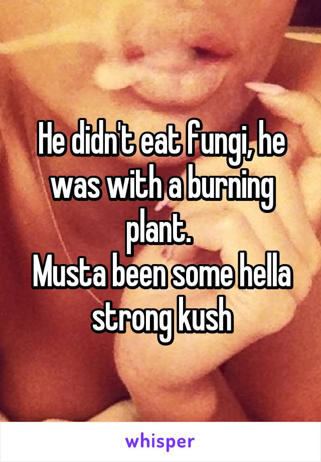 He didn't eat fungi, he was with a burning plant. 
Musta been some hella strong kush