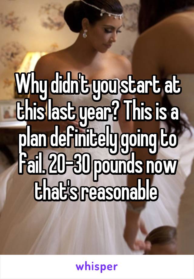 Why didn't you start at this last year? This is a plan definitely going to fail. 20-30 pounds now that's reasonable 