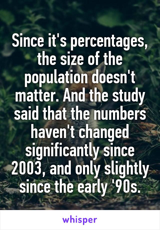 Since it's percentages, the size of the population doesn't matter. And the study said that the numbers haven't changed significantly since 2003, and only slightly since the early '90s.